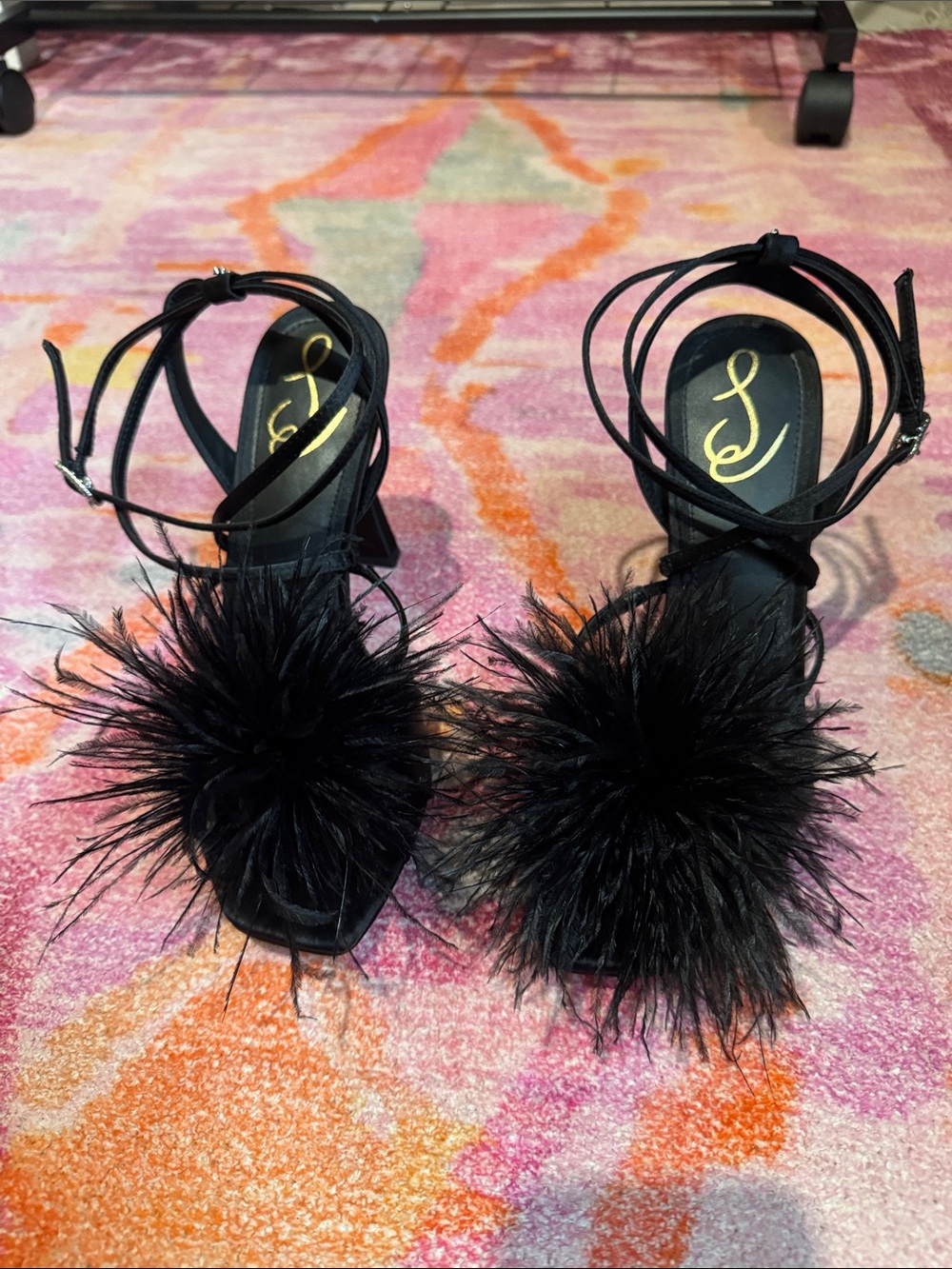 Sam Edelman Black Feather Pom-Pom Ankle Tie Heels